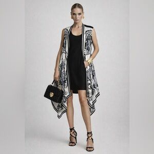 DKNY silk black & white floral & leopard print open front vest cardigan M/L